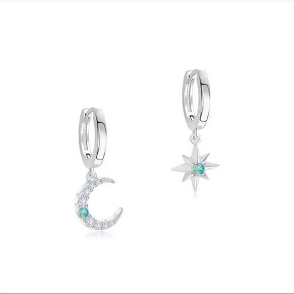 NWT 925 Sterling Silver Star Moon Celestial Dainty Huggie Hoop Opal Earrings - Picture 3 of 12